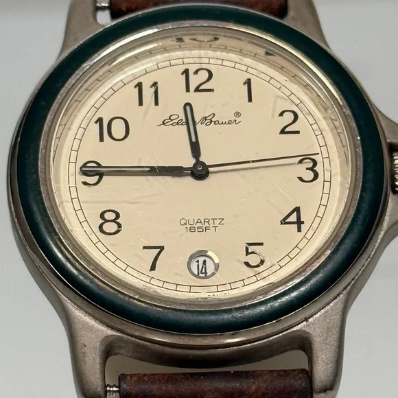 Eddie Bauer Field Watch Green Bezel Cream Dial New Battery - Picture 1 of 12